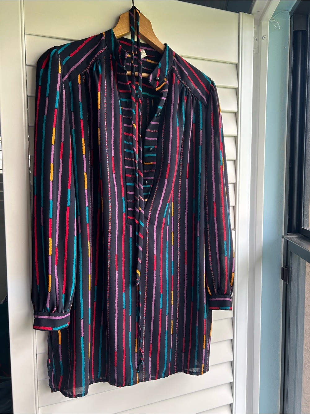 Vintage Black Tunic Mini Dress with Multicolor Vertical Stripe Pattern